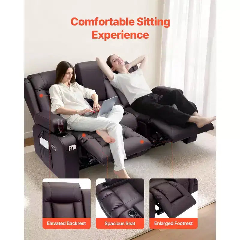 Canapé inclinable VEVOR Loveseat, canapé inclinable électrique avec chauffage, massage et minuterie, canapé inclinable électrique en cuir PU avec console centrale, marron