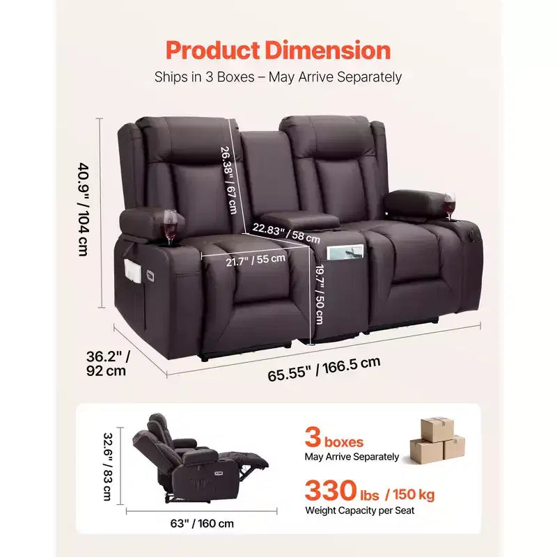 Canapé inclinable VEVOR Loveseat, canapé inclinable électrique avec chauffage, massage et minuterie, canapé inclinable électrique en cuir PU avec console centrale, marron