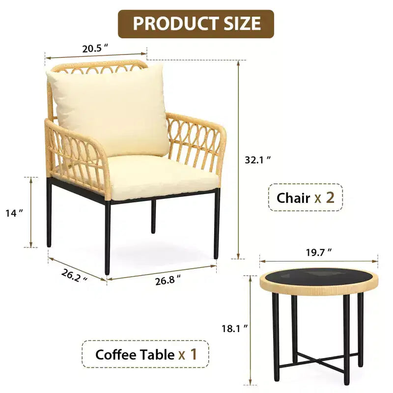 Ensemble bistro de patio 3 pièces avec coussins, en rotin PE résistant, table basse en verre, idéal pour le jardin, le balcon, le porche, beige