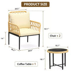 Ensemble bistro de patio 3 pièces avec coussins, en rotin PE résistant, table basse en verre, idéal pour le jardin, le balcon, le porche, beige