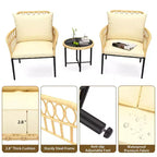 Ensemble bistro de patio 3 pièces avec coussins, en rotin PE résistant, table basse en verre, idéal pour le jardin, le balcon, le porche, beige