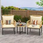 Ensemble bistro de patio 3 pièces avec coussins, en rotin PE résistant, table basse en verre, idéal pour le jardin, le balcon, le porche, beige
