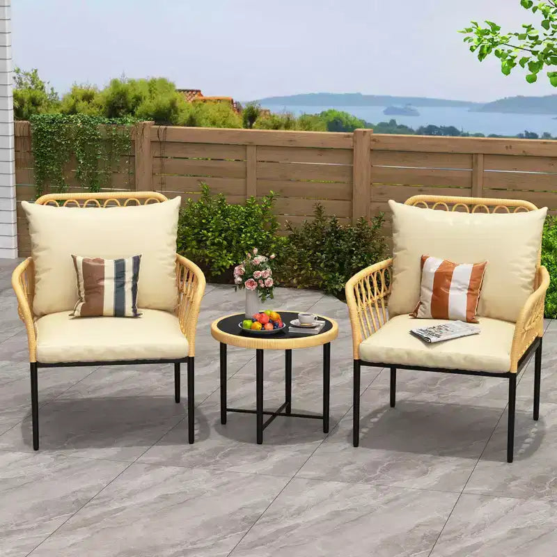 Ensemble bistro de patio 3 pièces avec coussins, en rotin PE résistant, table basse en verre, idéal pour le jardin, le balcon, le porche, beige