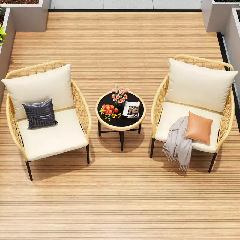 Ensemble bistro de patio 3 pièces avec coussins, en rotin PE résistant, table basse en verre, idéal pour le jardin, le balcon, le porche, beige