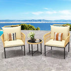 Ensemble bistro de patio 3 pièces avec coussins, en rotin PE résistant, table basse en verre, idéal pour le jardin, le balcon, le porche, beige