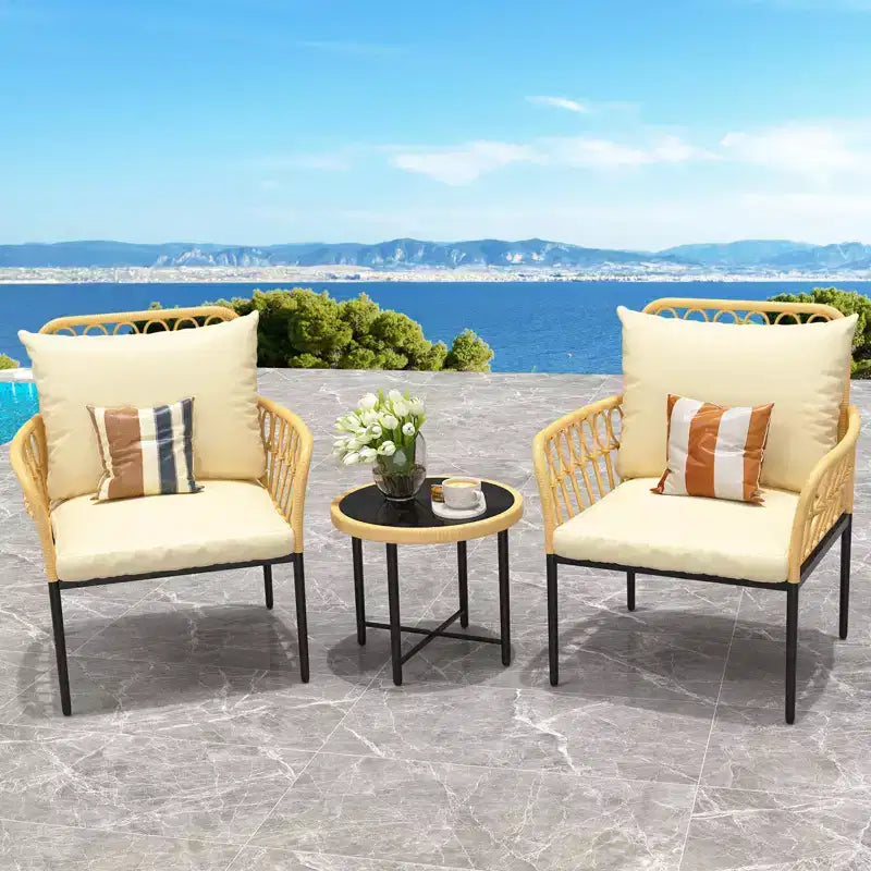 Ensemble bistro de patio 3 pièces avec coussins, en rotin PE résistant, table basse en verre, idéal pour le jardin, le balcon, le porche, beige