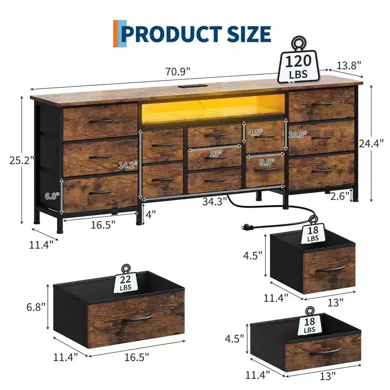 Meuble TV commode longue de 70 pouces pour téléviseurs de 65, 75, 80 pouces, grande commode de 13 tiroirs en tissu, grand meuble TV pour chambre à coucher