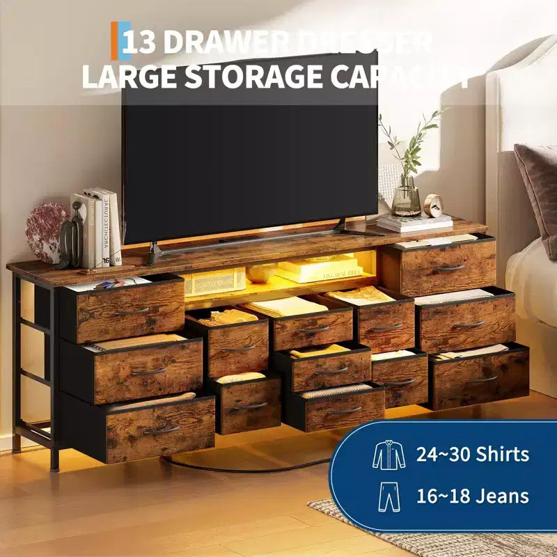 Meuble TV commode longue de 70 pouces pour téléviseurs de 65, 75, 80 pouces, grande commode de 13 tiroirs en tissu, grand meuble TV pour chambre à coucher