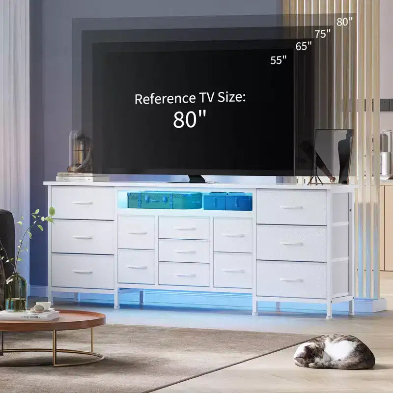 Meuble TV commode longue de 70 pouces pour téléviseurs de 65, 75, 80 pouces, grande commode de 13 tiroirs en tissu, grand meuble TV pour chambre à coucher