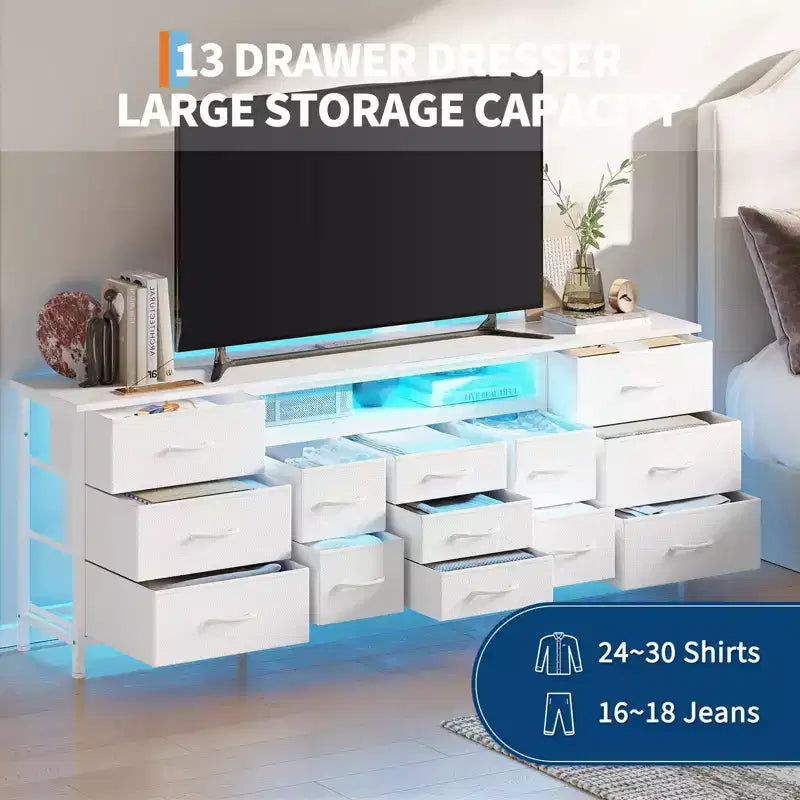 Meuble TV commode longue de 70 pouces pour téléviseurs de 65, 75, 80 pouces, grande commode de 13 tiroirs en tissu, grand meuble TV pour chambre à coucher