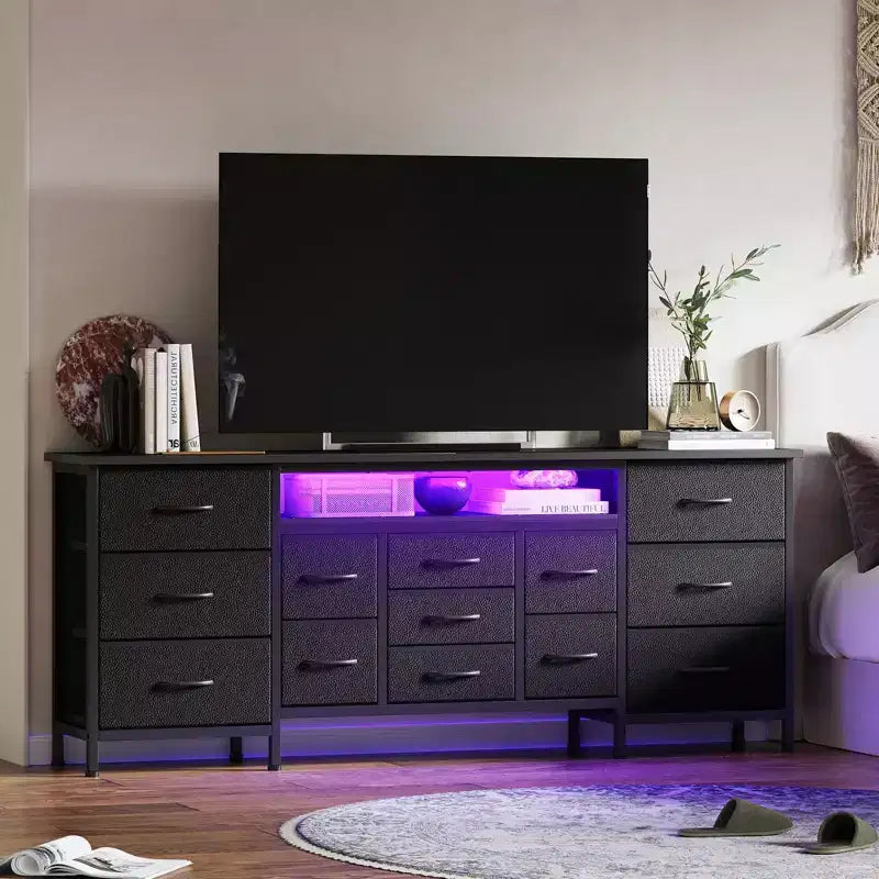 Meuble TV commode longue de 70 pouces pour téléviseurs de 65, 75, 80 pouces, grande commode de 13 tiroirs en tissu, grand meuble TV pour chambre à coucher