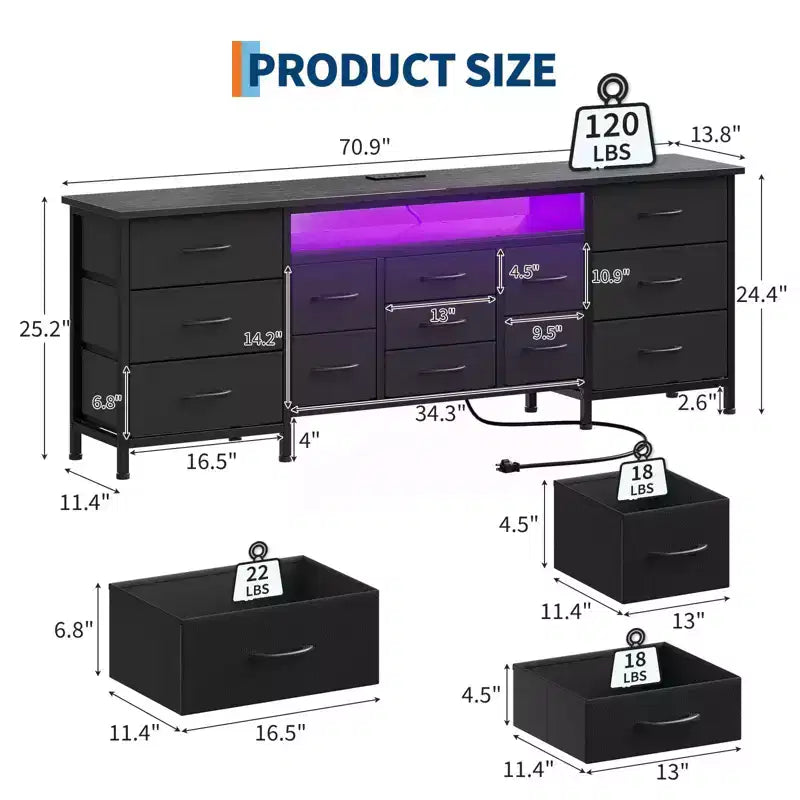 Meuble TV commode longue de 70 pouces pour téléviseurs de 65, 75, 80 pouces, grande commode de 13 tiroirs en tissu, grand meuble TV pour chambre à coucher