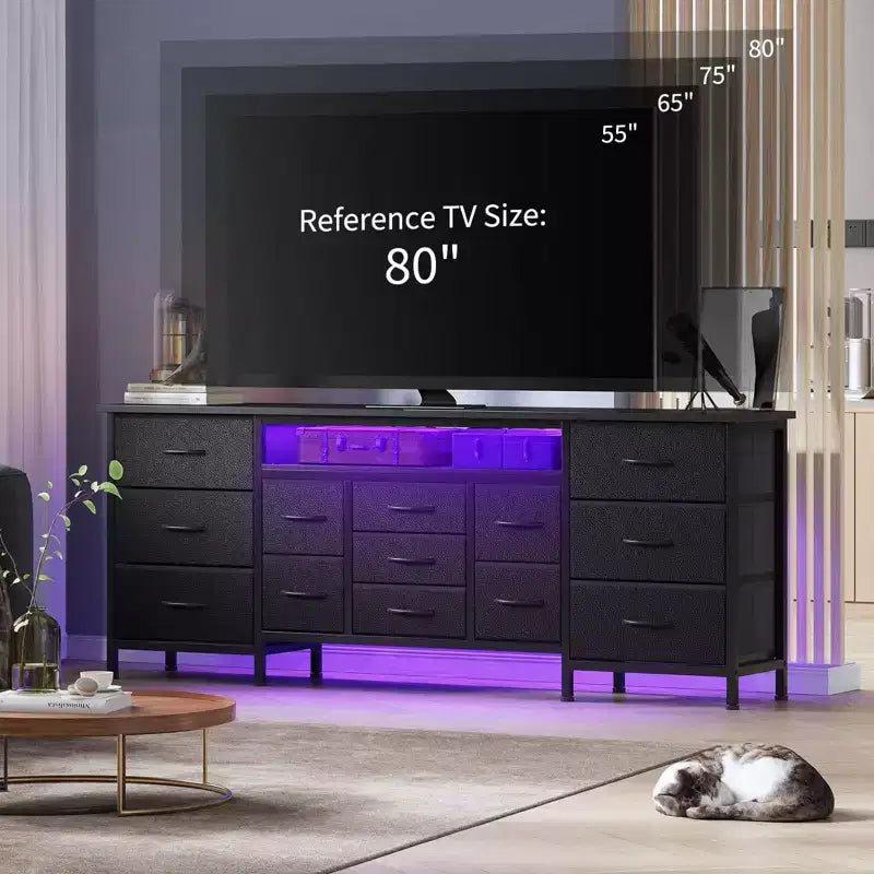 Meuble TV commode longue de 70 pouces pour téléviseurs de 65, 75, 80 pouces, grande commode de 13 tiroirs en tissu, grand meuble TV pour chambre à coucher