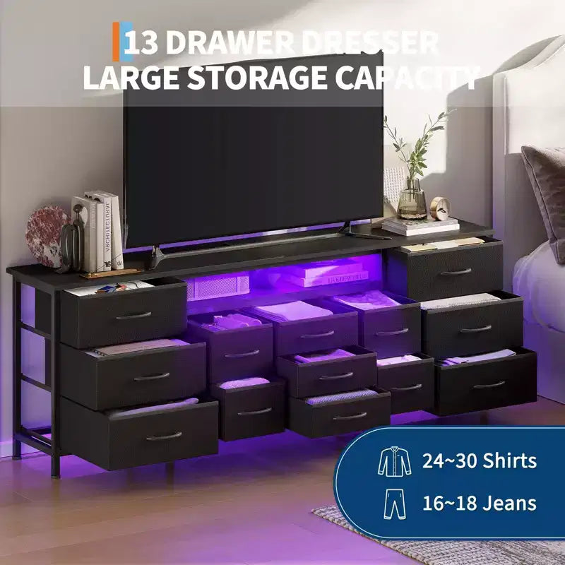 Meuble TV commode longue de 70 pouces pour téléviseurs de 65, 75, 80 pouces, grande commode de 13 tiroirs en tissu, grand meuble TV pour chambre à coucher