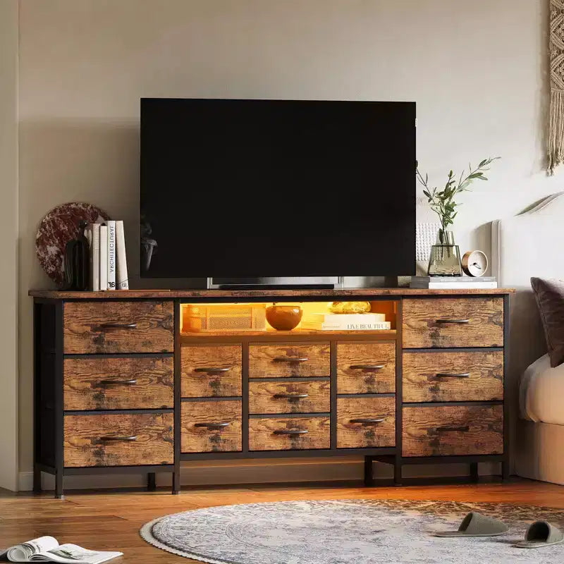 Meuble TV commode longue de 70 pouces pour téléviseurs de 65, 75, 80 pouces, grande commode de 13 tiroirs en tissu, grand meuble TV pour chambre à coucher