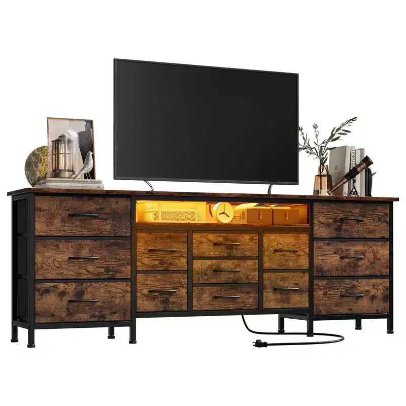 Meuble TV commode longue de 70 pouces pour téléviseurs de 65, 75, 80 pouces, grande commode de 13 tiroirs en tissu, grand meuble TV pour chambre à coucher