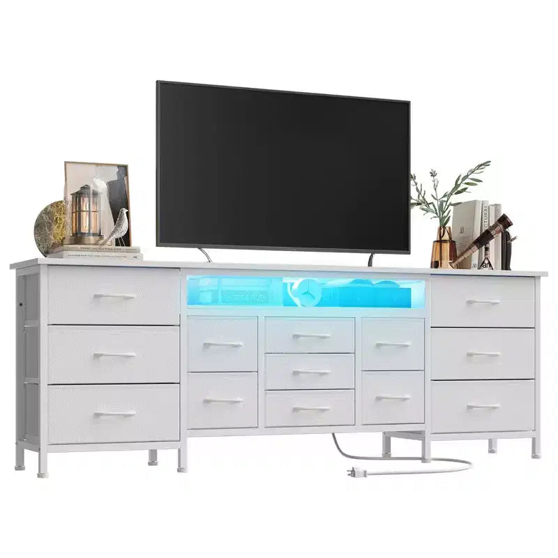 Meuble TV commode longue de 70 pouces pour téléviseurs de 65, 75, 80 pouces, grande commode de 13 tiroirs en tissu, grand meuble TV pour chambre à coucher