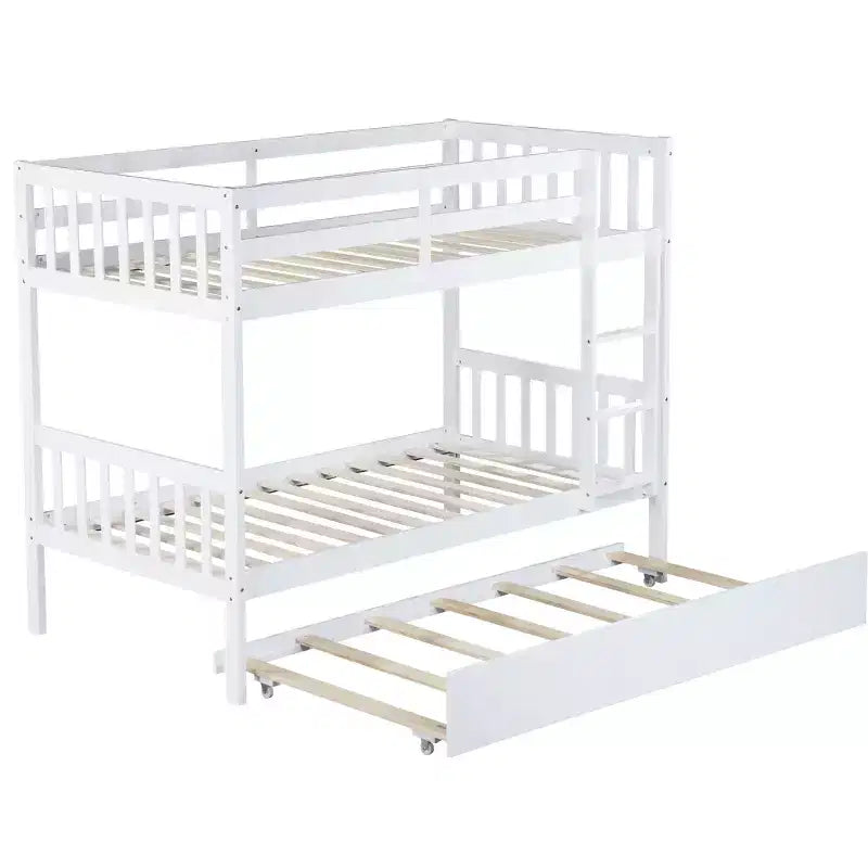 Bellemave Lit superposé jumeau sur jumeau avec lit gigogne, en bois d'hévéa massif, convertible en deux lits jumeaux, échelle et barrières de sécurité, design peu encombrant