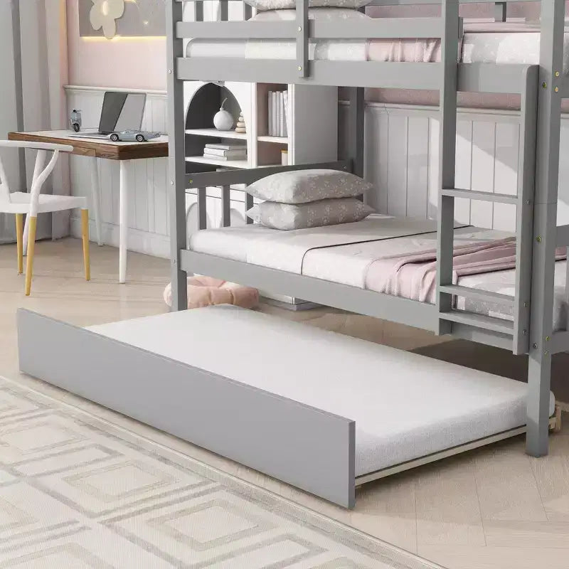 Bellemave Lit superposé jumeau sur jumeau avec lit gigogne, en bois d'hévéa massif, convertible en deux lits jumeaux, échelle et barrières de sécurité, design peu encombrant