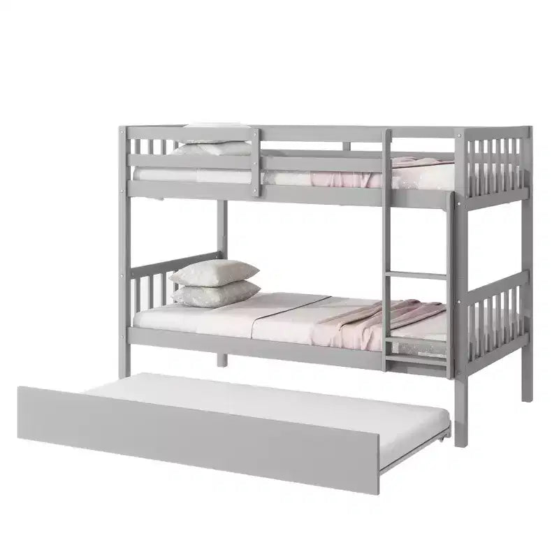 Bellemave Lit superposé jumeau sur jumeau avec lit gigogne, en bois d'hévéa massif, convertible en deux lits jumeaux, échelle et barrières de sécurité, design peu encombrant