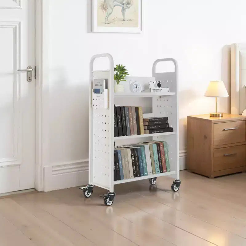 Chariot à livres roulant VEVOR, capacité de 150 kg, chariot de bibliothèque de 77 x 38 x 122 cm, étagères inclinées unilatérales en V avec roues verrouillables de 7,6 cm, blanc