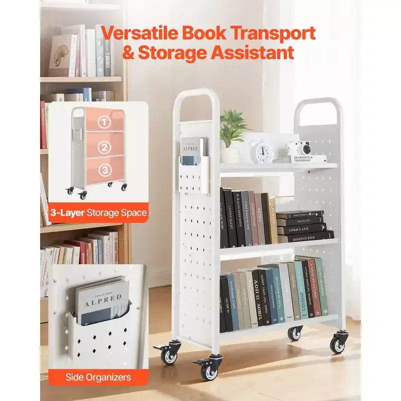 Chariot à livres roulant VEVOR, capacité de 150 kg, chariot de bibliothèque de 77 x 38 x 122 cm, étagères inclinées unilatérales en V avec roues verrouillables de 7,6 cm, blanc