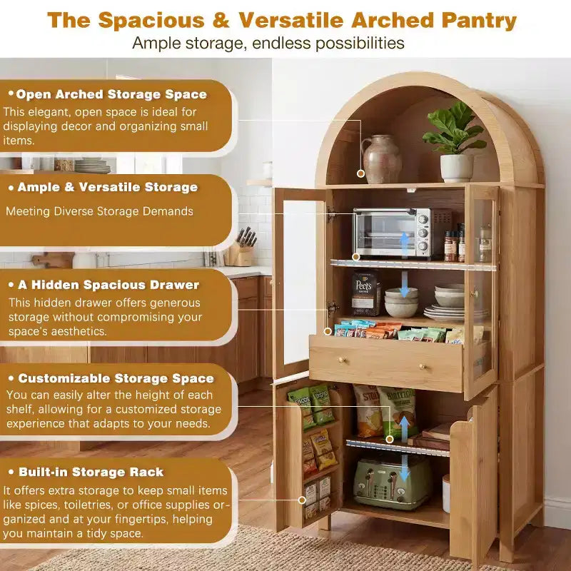 Armoire de cuisine haute de 180 cm avec portes vitrées, meuble de rangement autonome pour cuisine, salle à manger ou salon-Panipeachy