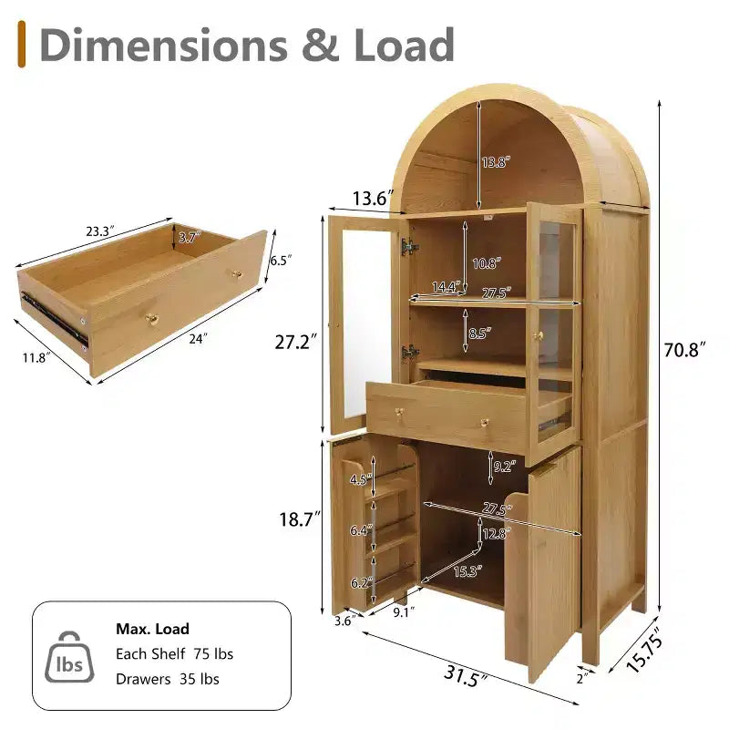 Armoire de cuisine haute de 180 cm avec portes vitrées, meuble de rangement autonome pour cuisine, salle à manger ou salon-Panipeachy