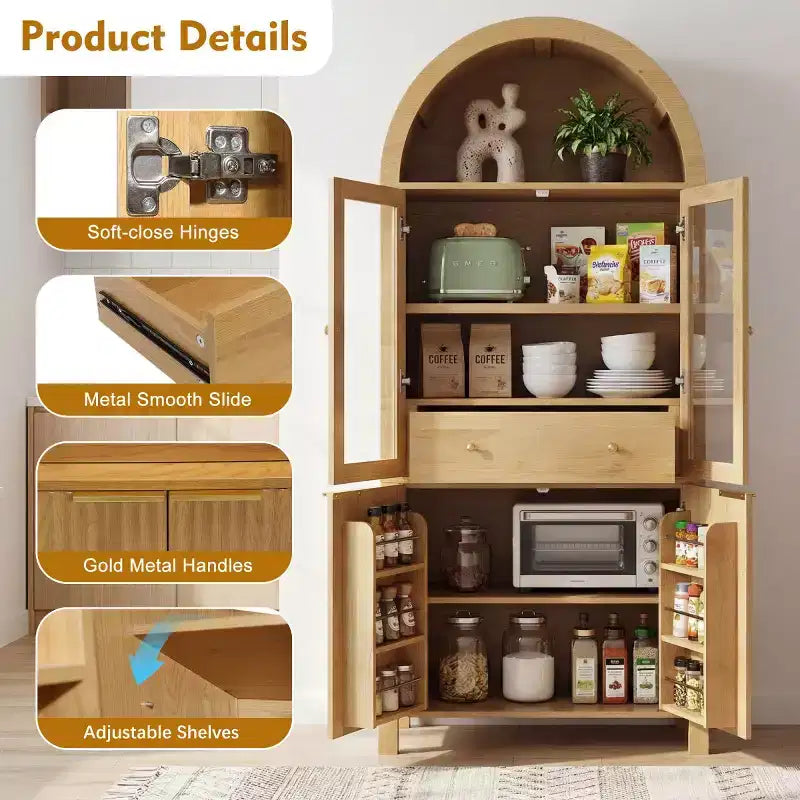 Armoire de cuisine haute de 180 cm avec portes vitrées, meuble de rangement autonome pour cuisine, salle à manger ou salon-Panipeachy