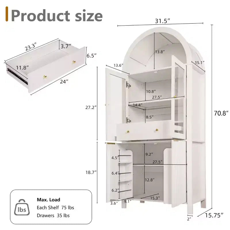 Armoire de cuisine haute de 180 cm avec portes vitrées, meuble de rangement autonome pour cuisine, salle à manger ou salon-Panipeachy