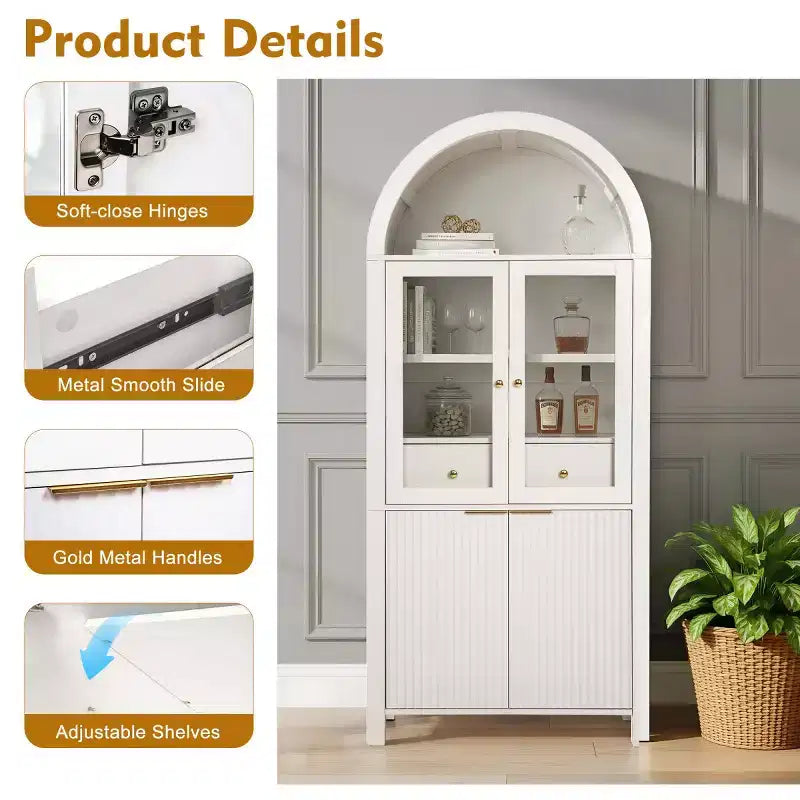 Armoire de cuisine haute de 180 cm avec portes vitrées, meuble de rangement autonome pour cuisine, salle à manger ou salon-Panipeachy