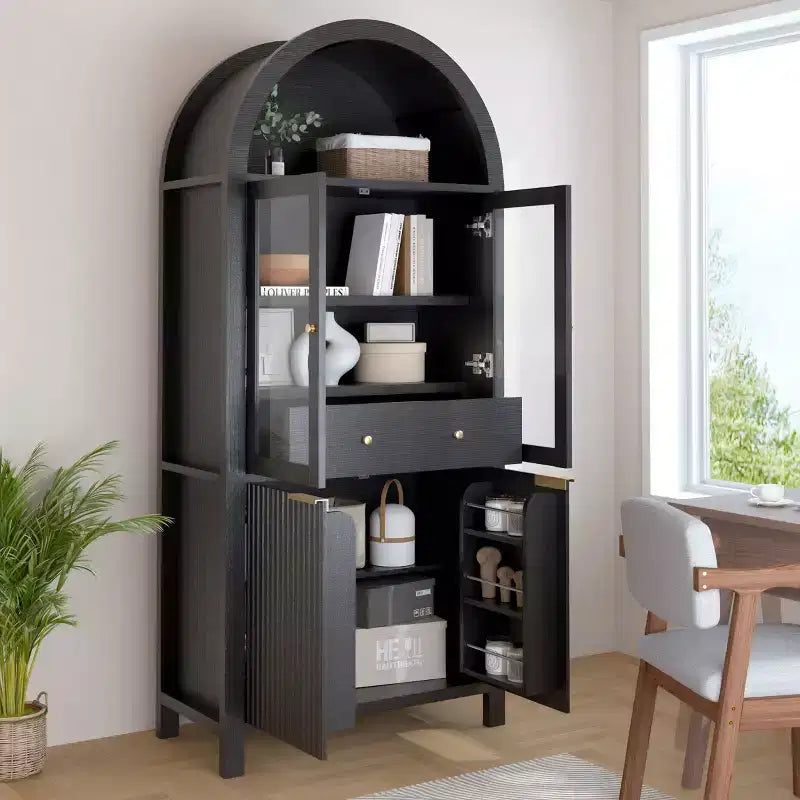 Armoire de cuisine haute de 180 cm avec portes vitrées, meuble de rangement autonome pour cuisine, salle à manger ou salon-Panipeachy