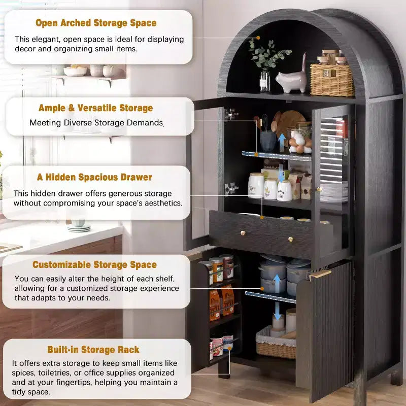 Armoire de cuisine haute de 180 cm avec portes vitrées, meuble de rangement autonome pour cuisine, salle à manger ou salon-Panipeachy