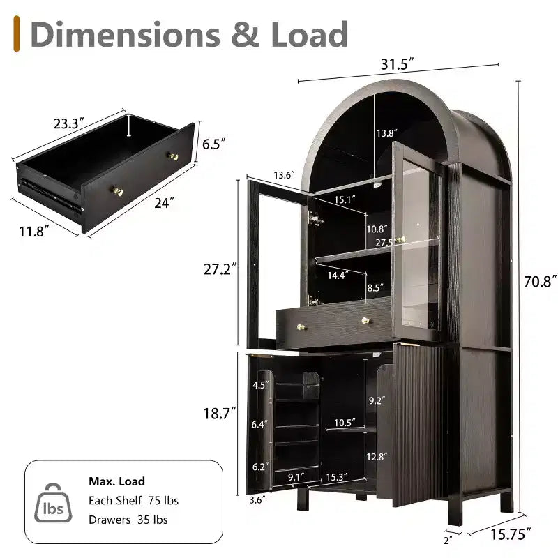 Armoire de cuisine haute de 180 cm avec portes vitrées, meuble de rangement autonome pour cuisine, salle à manger ou salon-Panipeachy