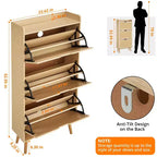 Banc de rangement fin à chaussures à 3 tiroirs avec façade en rotin tressé, organiseur de rangement à 6 niveaux peu encombrant pour entrée, couloir et véranda, 52,9 po