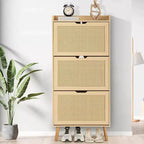 Banc de rangement fin à chaussures à 3 tiroirs avec façade en rotin tressé, organiseur de rangement à 6 niveaux peu encombrant pour entrée, couloir et véranda, 52,9 po