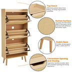 Banc de rangement fin à chaussures à 3 tiroirs avec façade en rotin tressé, organiseur de rangement à 6 niveaux peu encombrant pour entrée, couloir et véranda, 52,9 po