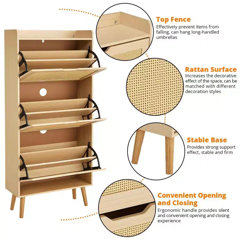 Banc de rangement fin à chaussures à 3 tiroirs avec façade en rotin tressé, organiseur de rangement à 6 niveaux peu encombrant pour entrée, couloir et véranda, 52,9 po