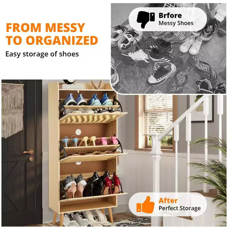 Banc de rangement fin à chaussures à 3 tiroirs avec façade en rotin tressé, organiseur de rangement à 6 niveaux peu encombrant pour entrée, couloir et véranda, 52,9 po