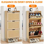 Banc de rangement fin à chaussures à 3 tiroirs avec façade en rotin tressé, organiseur de rangement à 6 niveaux peu encombrant pour entrée, couloir et véranda, 52,9 po