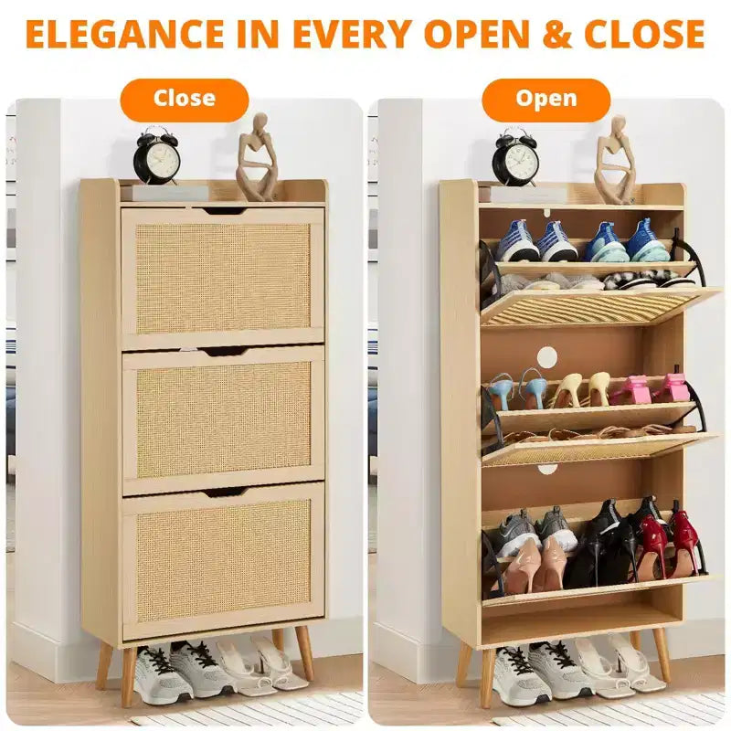 Banc de rangement fin à chaussures à 3 tiroirs avec façade en rotin tressé, organiseur de rangement à 6 niveaux peu encombrant pour entrée, couloir et véranda, 52,9 po