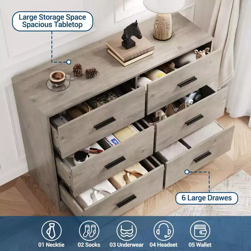 Commode de chambre, commode moderne à 6 tiroirs pour chambre à coucher, grand buffet de rangement en bois avec poignée en métal pour entrée, couloir