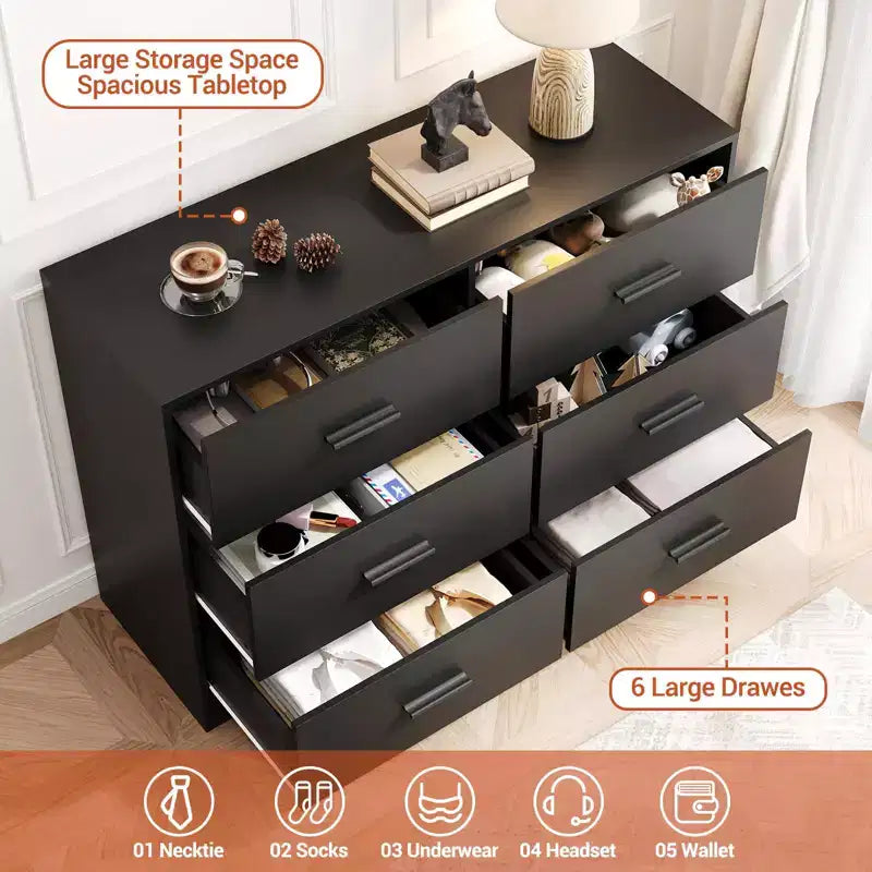 Commode de chambre, commode moderne à 6 tiroirs pour chambre à coucher, grand buffet de rangement en bois avec poignée en métal pour entrée, couloir