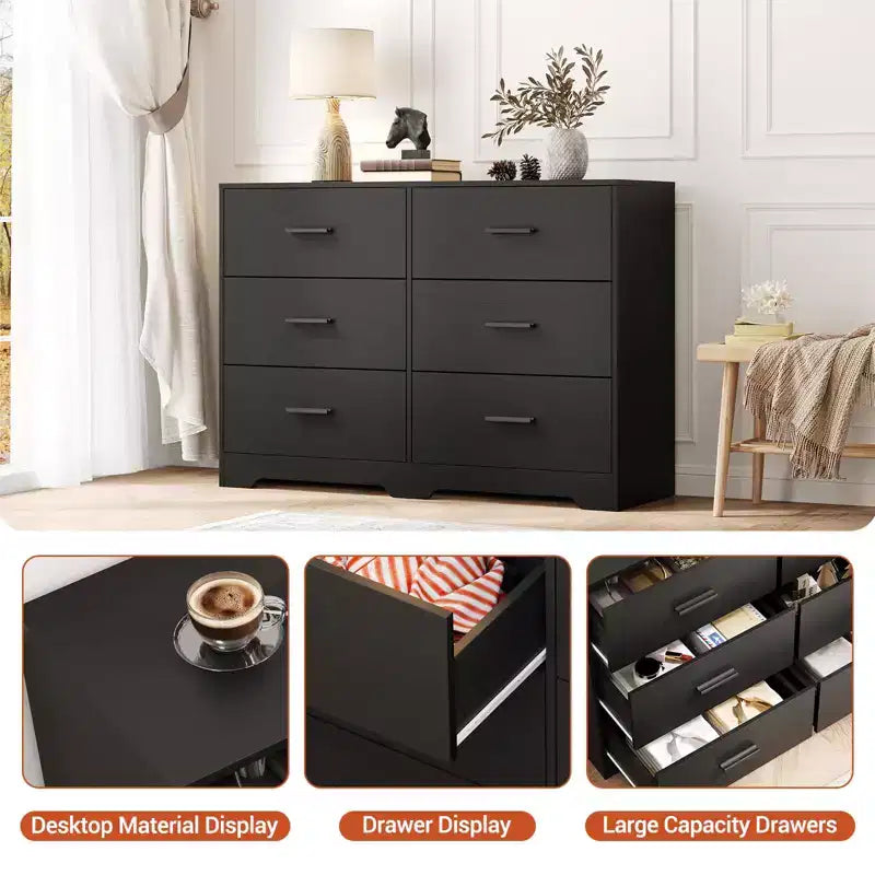 Commode de chambre, commode moderne à 6 tiroirs pour chambre à coucher, grand buffet de rangement en bois avec poignée en métal pour entrée, couloir