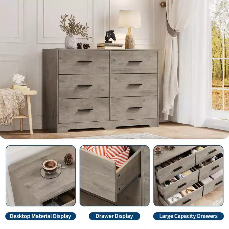 Commode de chambre, commode moderne à 6 tiroirs pour chambre à coucher, grand buffet de rangement en bois avec poignée en métal pour entrée, couloir
