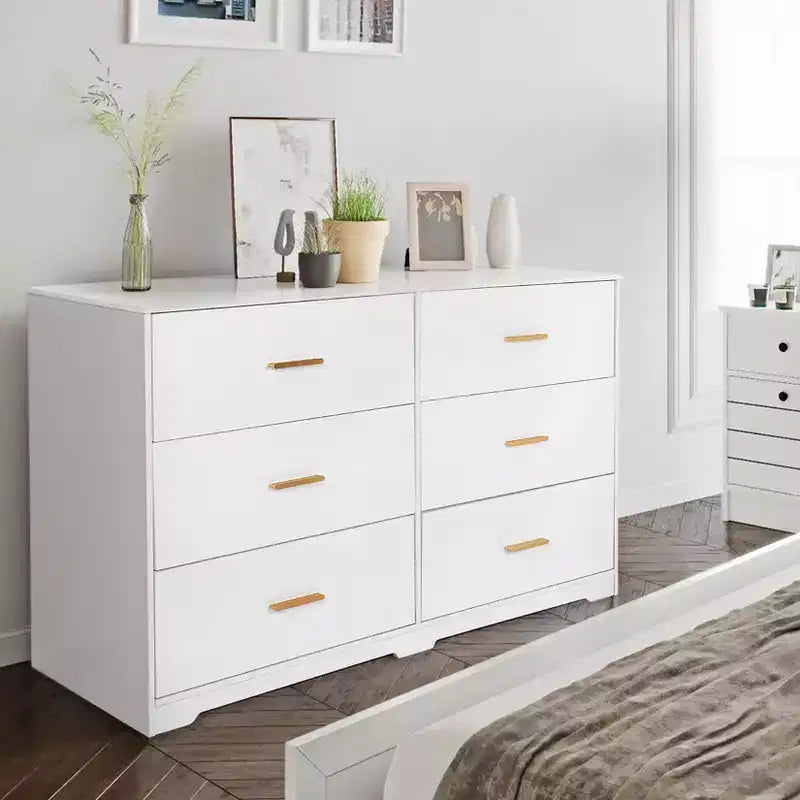 Commode de chambre, commode moderne à 6 tiroirs pour chambre à coucher, grand buffet de rangement en bois avec poignée en métal pour entrée, couloir