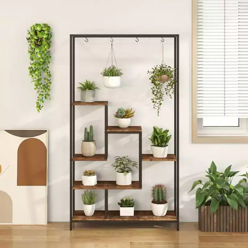 Étagère à plantes haute à 6 niveaux de 180 cm en métal avec 10 crochets de suspension