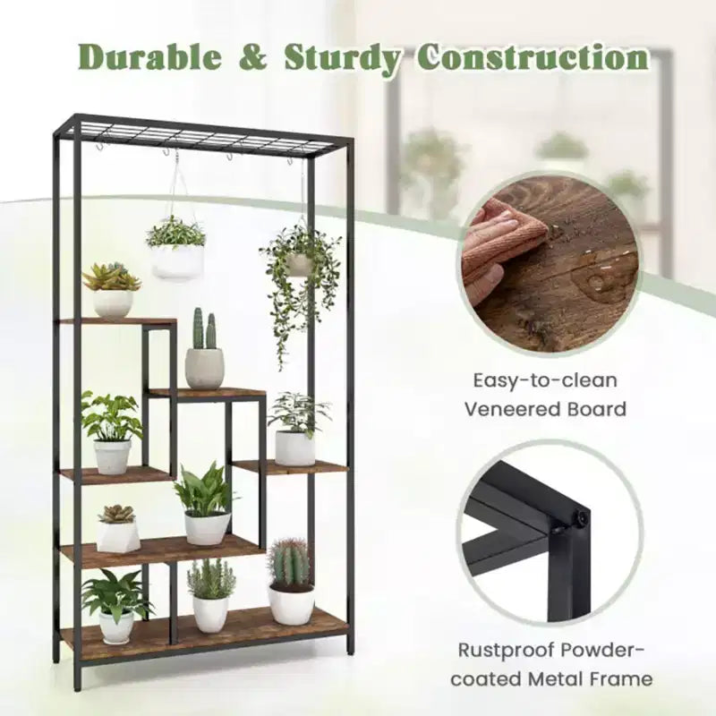 Étagère à plantes haute à 6 niveaux de 180 cm en métal avec 10 crochets de suspension