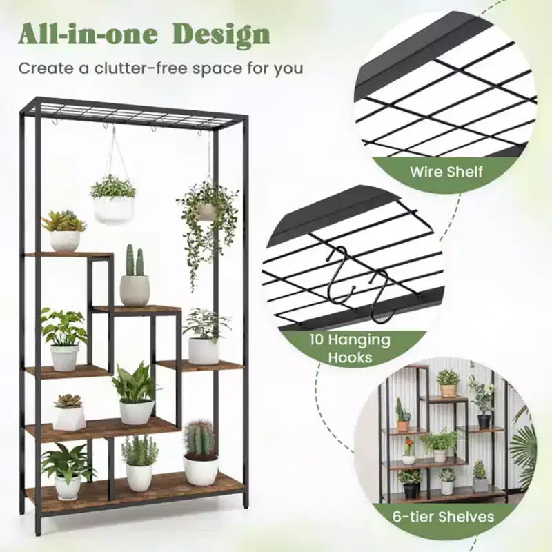 Étagère à plantes haute à 6 niveaux de 180 cm en métal avec 10 crochets de suspension