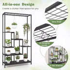 Étagère à plantes haute à 6 niveaux de 180 cm en métal avec 10 crochets de suspension
